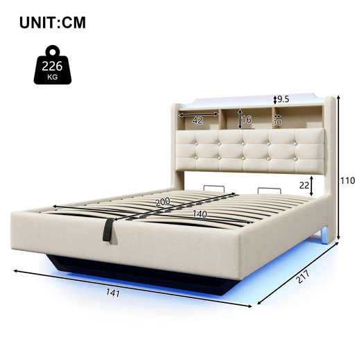Cama estofada 140x200 cm - Com luz LED, armazenamento hidráulico, design flutuante, bege
