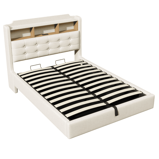 Cama estofada 140x200 cm - Com luz LED, armazenamento hidráulico, design flutuante, bege