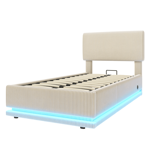 Cama estofada 90x200 - LED, USB-C, cabeceira ajustável, arrumação inferior, colchão confortável - Bege
