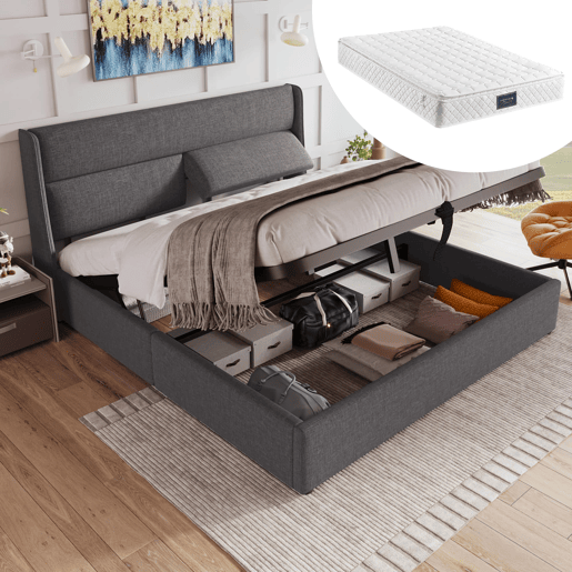 Cama estofada 160x200 cm - Cabeceira ajustável, canapé hidráulico com arrumação - Cinza