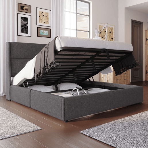 Cama estofada 160x200 cm - Cabeceira ajustável, canapé hidráulico com arrumação - Cinza