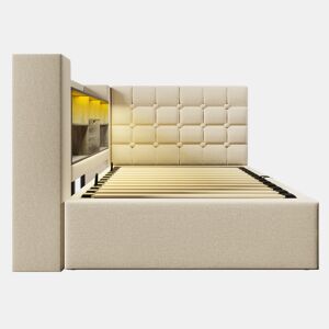 Cama individual 90x200 u2013 LED, arrumação hidráulica, cabeceira em L, com colchão u2013 Bege