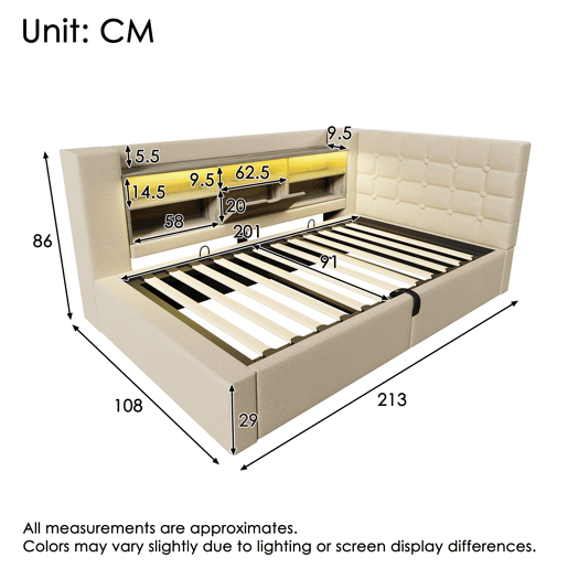 Cama individual 90x200 u2013 LED, arrumação hidráulica, cabeceira em L, com colchão u2013 Bege