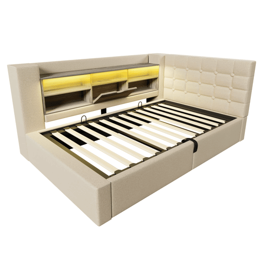 Cama individual 90x200 u2013 LED, arrumação hidráulica, cabeceira em L, com colchão u2013 Bege