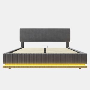 Cama estofada 140x200 - LED, USB-C, cabeceira ajustável, arrumação, tecido cinzento cord