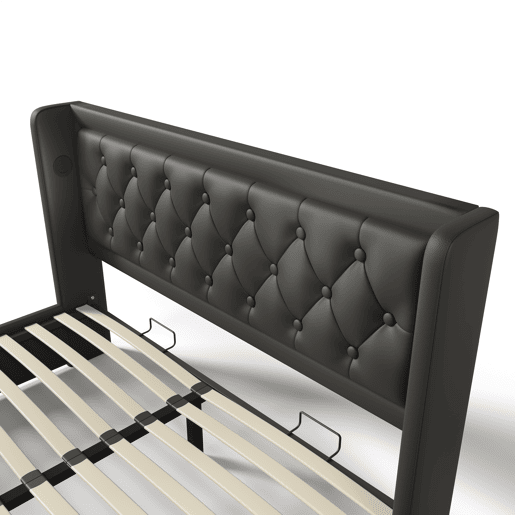 Cama contentora estofada de 140 x 200 cm em imitação de pele - com função de carregamento e LED ao pé da cama - Preto