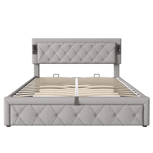 Cama contentora em tecido de linho 160x200 cm - com luz de leitura e tomada USB - com estrado - Cinzento