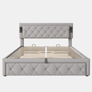 Cama contentora em tecido de linho 160x200 cm - com luz de leitura e tomada USB - com estrado - Cinzento