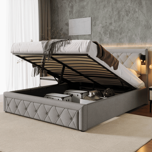 Cama contentora em tecido de linho 160x200 cm - com luz de leitura e tomada USB - com estrado - Cinzento