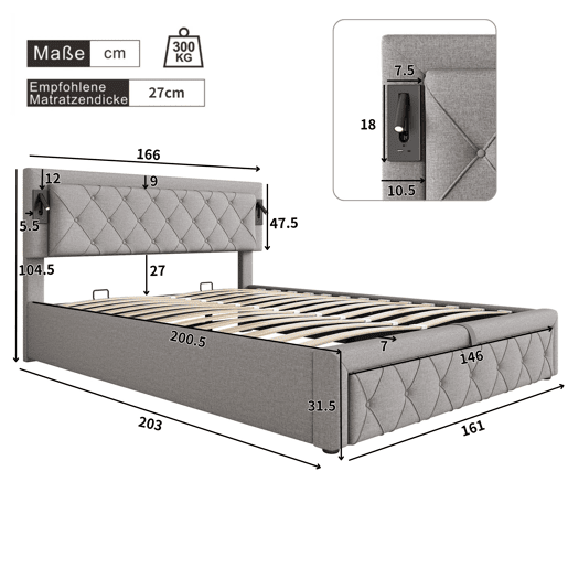 Cama contentora em tecido de linho 160x200 cm - com luz de leitura e tomada USB - com estrado - Cinzento