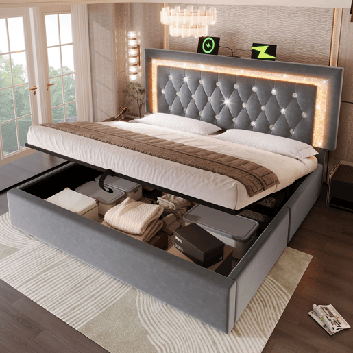 Cama estofada 140x200 cm - LED na cabeceira, USBType-C, armazenamento hidráulico - Cinza