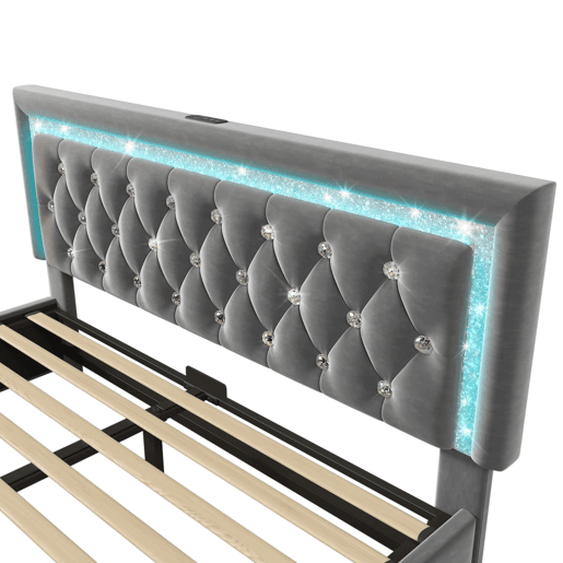 Cama estofada 140x200 cm - LED na cabeceira, USBType-C, armazenamento hidráulico - Cinza