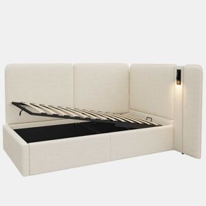 Cama de dia 90 x 200 cm - com arrumação hidráulica, estofada, sofá-cama com porta USB e candeeiro de leitura - bege