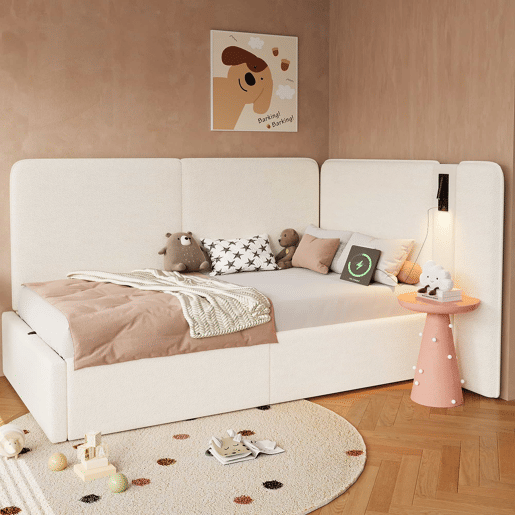 Cama de dia 90 x 200 cm - com arrumação hidráulica, estofada, sofá-cama com porta USB e candeeiro de leitura - bege