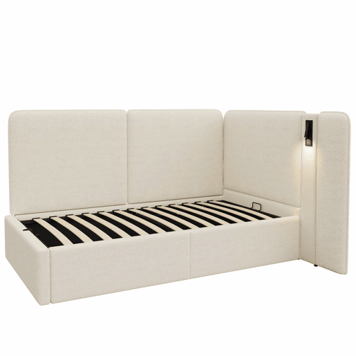 Cama de dia 90 x 200 cm - com arrumação hidráulica, estofada, sofá-cama com porta USB e candeeiro de leitura - bege