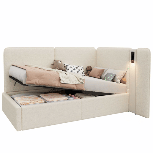 Cama de dia 90 x 200 cm - com arrumação hidráulica, estofada, sofá-cama com porta USB e candeeiro de leitura - bege