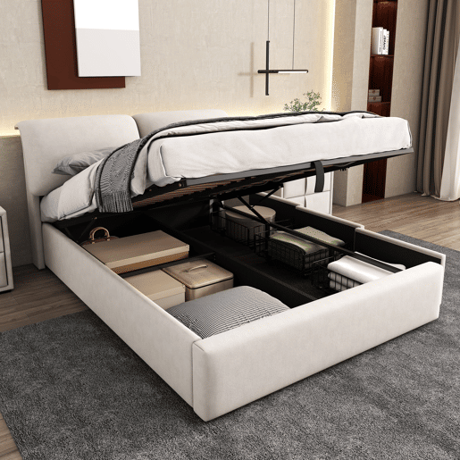 Cama estofada hidráulica 140x200 - com arrumação e 3 gavetas - bege