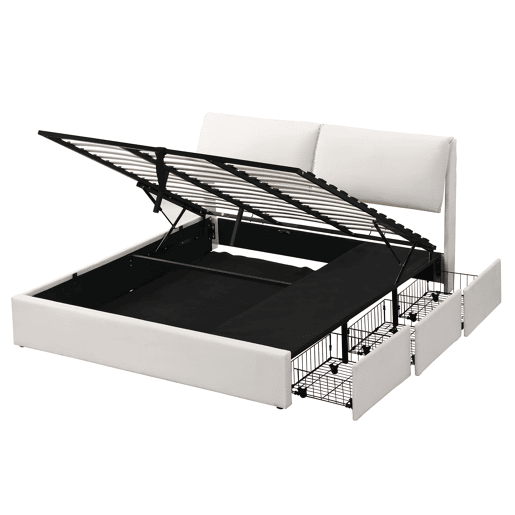 Cama estofada hidráulica 140x200 - com arrumação e 3 gavetas - bege