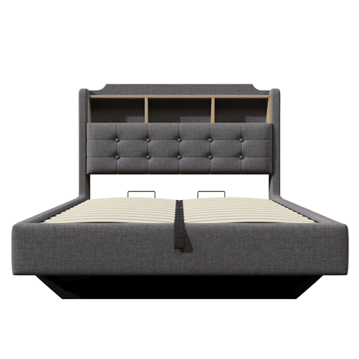 Cama estofada 140x200 cm - Com LED, armazenamento hidráulico, design flutuante, cinza