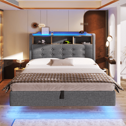Cama estofada 140x200 cm - Com LED, armazenamento hidráulico, design flutuante, cinza