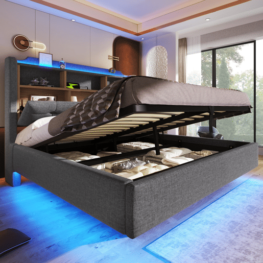 Cama estofada 140x200 cm - Com LED, armazenamento hidráulico, design flutuante, cinza