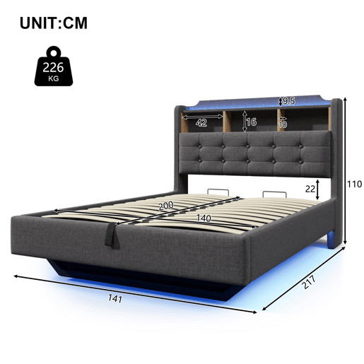 Cama estofada 140x200 cm - Com LED, armazenamento hidráulico, design flutuante, cinza