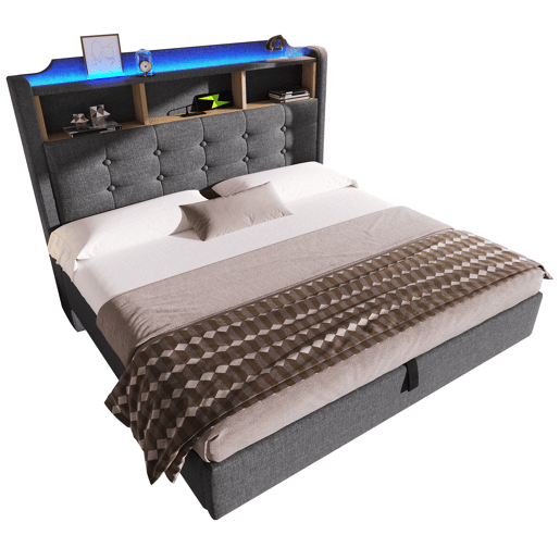 Cama estofada 140x200 cm - Com LED, armazenamento hidráulico, design flutuante, cinza