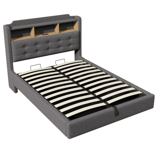 Cama estofada 140x200 cm - Com LED, armazenamento hidráulico, design flutuante, cinza