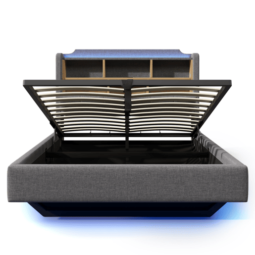 Cama estofada 140x200 cm - Com LED, armazenamento hidráulico, design flutuante, cinza