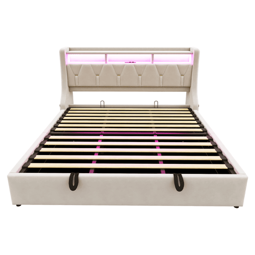 Cama estofada 180x200 cm - Cama com arrumação hidráulica, cabeceira rebatível, com tomada e prateleira, iluminação LED, pés largos, tecido de veludo bege