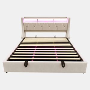 Cama estofada 180x200 cm - Cama com arrumação hidráulica, cabeceira rebatível, com tomada e prateleira, iluminação LED, pés largos, tecido de veludo bege