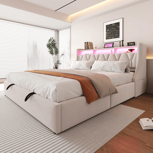 Cama estofada 180x200 cm - Cama com arrumação hidráulica, cabeceira rebatível, com tomada e prateleira, iluminação LED, pés largos, tecido de veludo bege