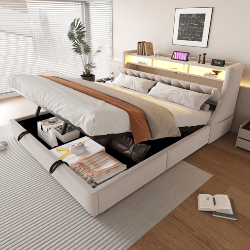 Cama estofada 180x200 cm - Cama com arrumação hidráulica, cabeceira rebatível, com tomada e prateleira, iluminação LED, pés largos, tecido de veludo bege