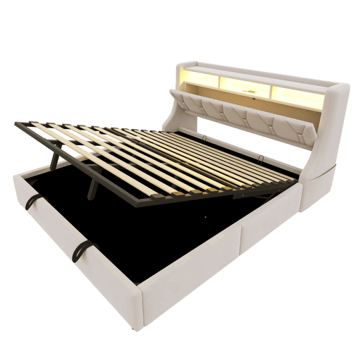 Cama estofada 180x200 cm - Cama com arrumação hidráulica, cabeceira rebatível, com tomada e prateleira, iluminação LED, pés largos, tecido de veludo bege