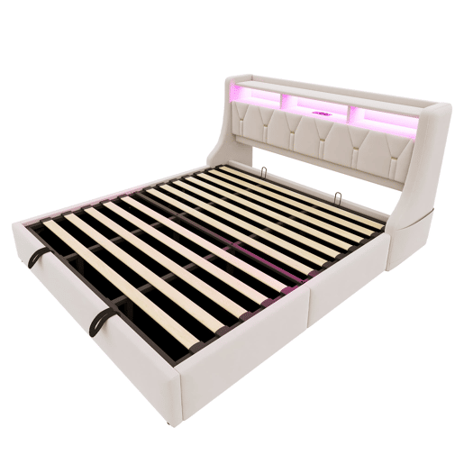 Cama estofada 180x200 cm - Cama com arrumação hidráulica, cabeceira rebatível, com tomada e prateleira, iluminação LED, pés largos, tecido de veludo bege