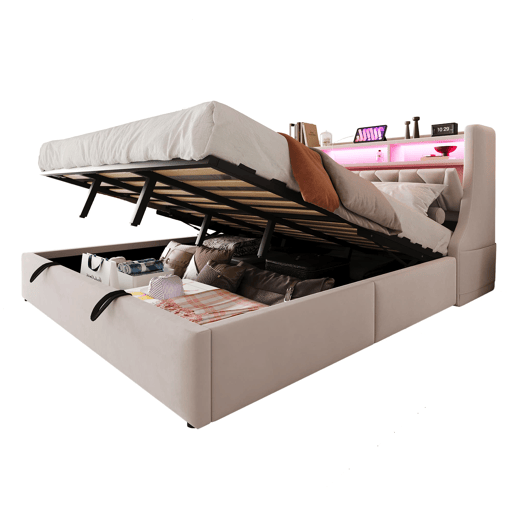 Cama estofada 180x200 cm - Cama com arrumação hidráulica, cabeceira rebatível, com tomada e prateleira, iluminação LED, pés largos, tecido de veludo bege