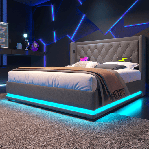 Cama contentora estofada de 140 x 200 cm em tecido de algodão - com função de carga e LED ao pé da cama - Cinzento