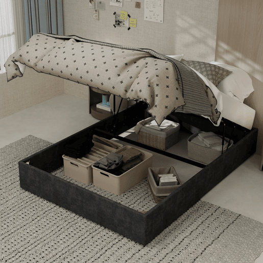 Cama moderna 140x200 - Estilo simples, com pistões elevatórios - Cinza Cama moderna 140x200 - Estilo simples, com pistões elevatórios - Cinza