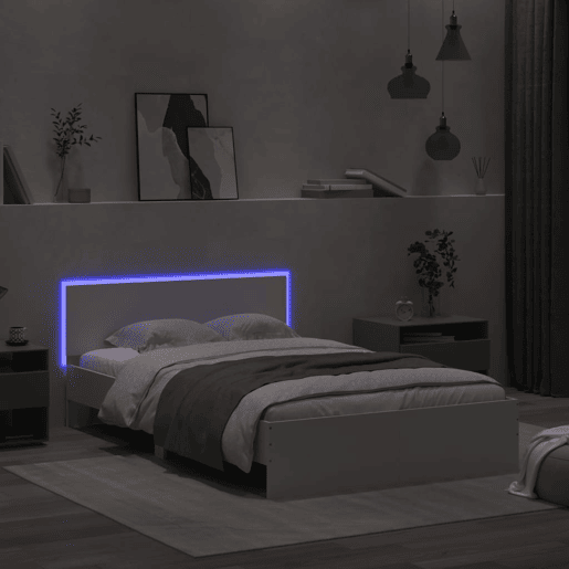 Estrutura de Cama de casal para adultos com cabeceira e luzes LED 135x190 cm branco