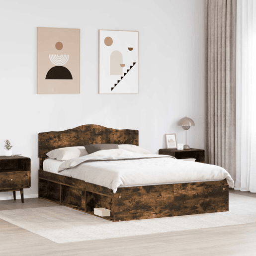 Estrutura de cama de casal com cabeceira - Carvalho Defumado 140 x 200 cm
