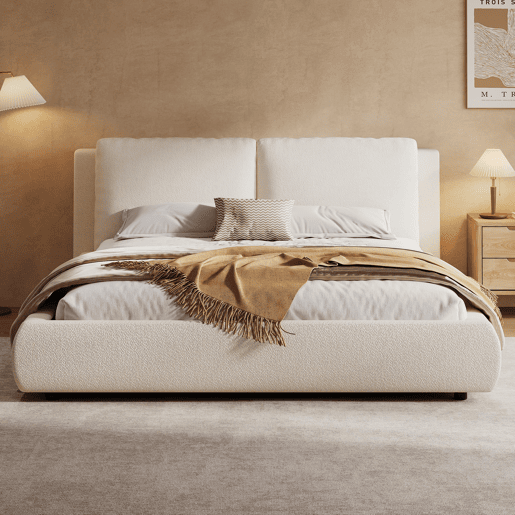 Cama estofada 180x200 cm - com arrumação hidráulica e estrado - bege bouclé
