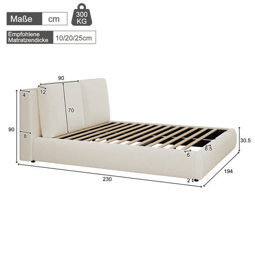 Cama estofada 180x200 cm - com arrumação hidráulica e estrado - bege bouclé