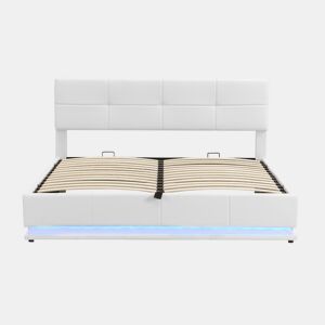 Cama estofada 180x200 cm - Com LED, armazenamento hidráulico, base de madeira, couro sintético - Branco