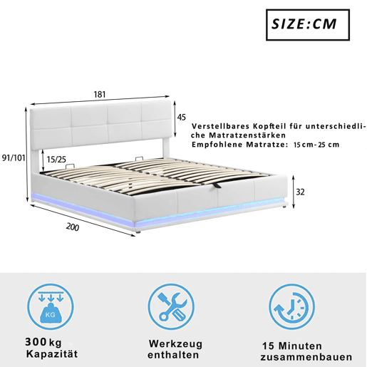 Cama estofada 180x200 cm - Com LED, armazenamento hidráulico, base de madeira, couro sintético - Branco