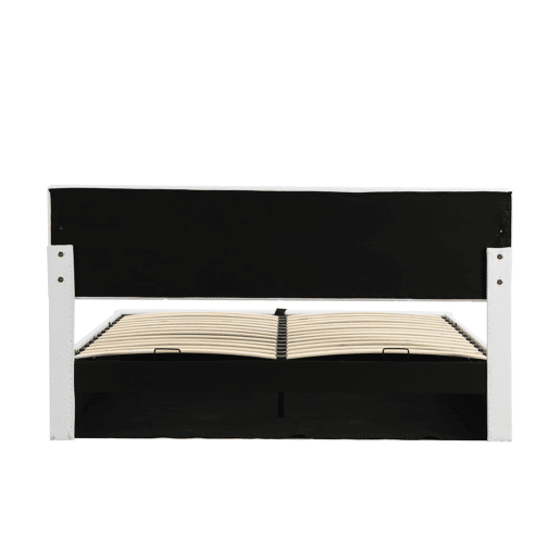 Cama estofada 180x200 cm - Com LED, armazenamento hidráulico, base de madeira, couro sintético - Branco