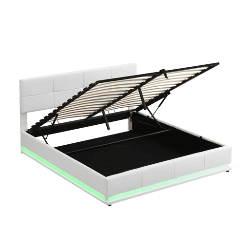 Cama estofada 180x200 cm - Com LED, armazenamento hidráulico, base de madeira, couro sintético - Branco