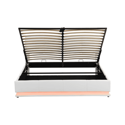 Cama estofada 180x200 cm - Com LED, armazenamento hidráulico, base de madeira, couro sintético - Branco