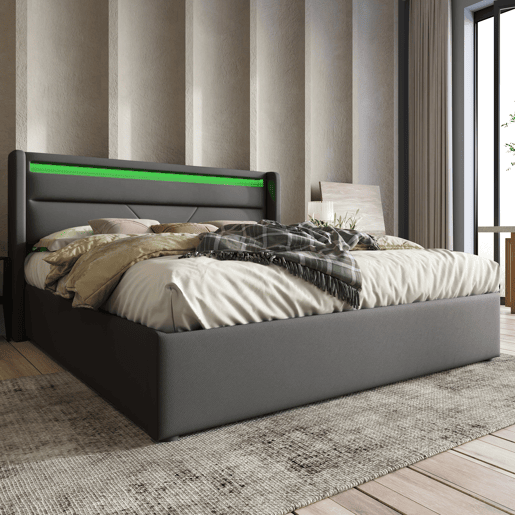 Cama contentora 160x200cm em imitação de pele com LED - com estrado - Cinzento