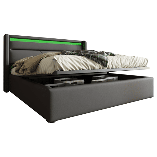 Cama contentora 160x200cm em imitação de pele com LED - com estrado - Cinzento