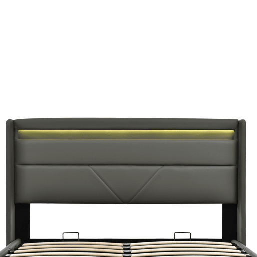 Cama contentora 160x200cm em imitação de pele com LED - com estrado - Cinzento